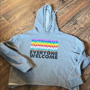 Gray Cropped Hoodie with Colorful 'Everyone Welcome' Print